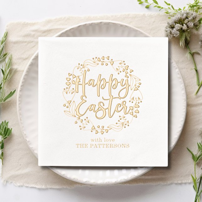 Happy Easter Floral Wreath Personalised Name Foil Napkins (Creator Uploaded)