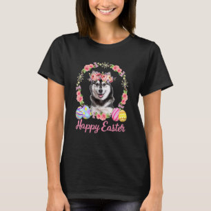 Happy Easter Flower Wreath Eggs Husky Dog T-Shirt