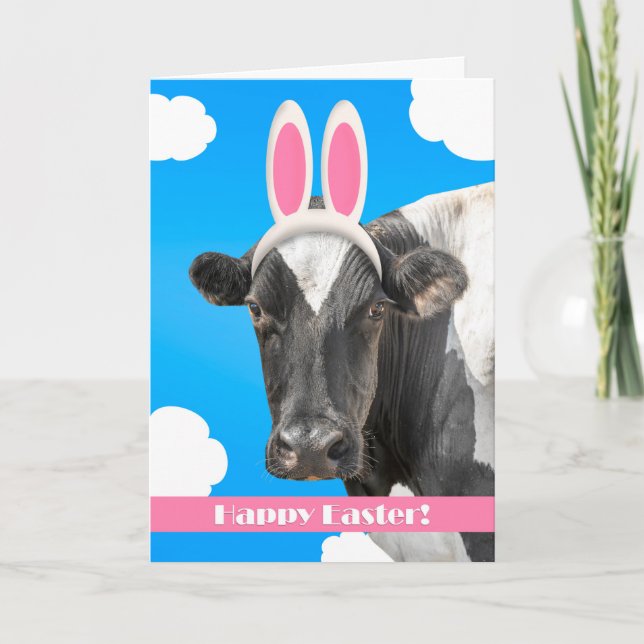 Happy Easter For Anyone Funny Cow in Bunny Ears  Holiday Card (Front)