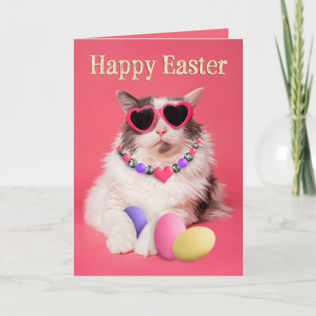 Happy Easter For Anyone Glamourous Cat With Eggs  Holiday Card (Front)