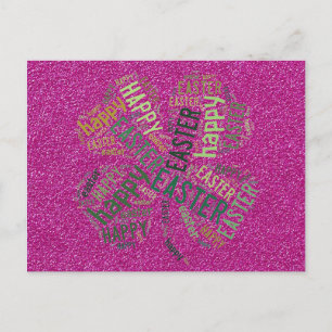 Happy Easter Four-Leaf Clover Glitter Pink Green Holiday Postcard