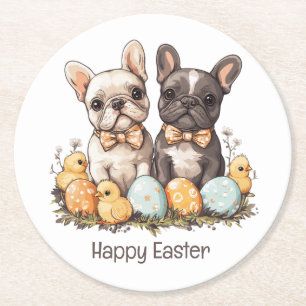 Happy Easter French Bulldogs Round Paper Coaster