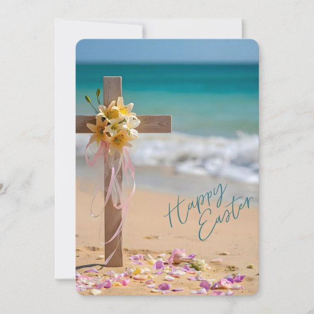 Happy Easter from Florida Cross & Lilies on Beach Holiday Card (Front)