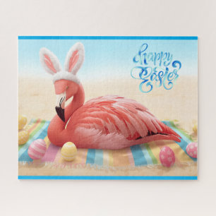Happy Easter from Florida Flamingo Bunny on Beach  Jigsaw Puzzle