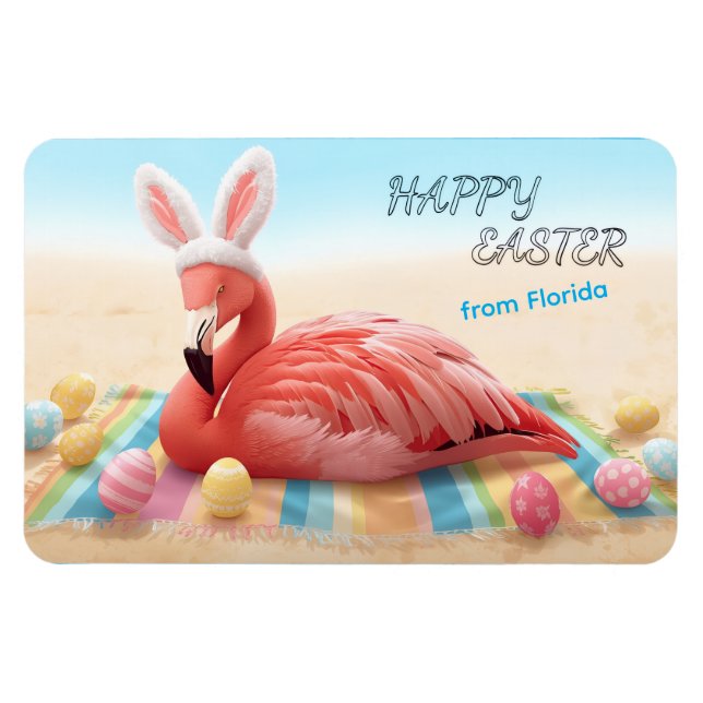 Happy Easter from Florida Flamingo Bunny on Beach Magnet (Horizontal)