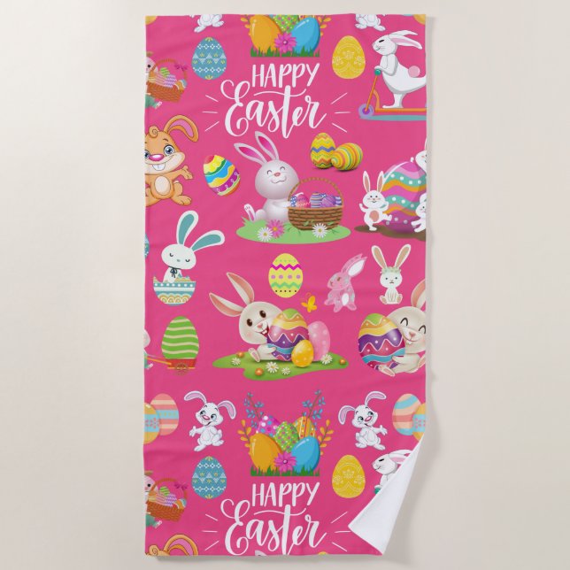 Happy Easter ,Funny Bunny Wishes And Colourful    Beach Towel (Front)
