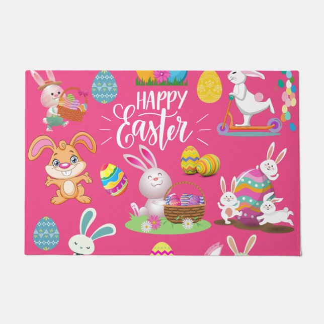 Happy Easter ,Funny Bunny Wishes And Colourful    Doormat (Front)