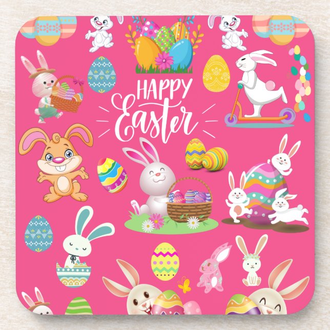 Happy Easter ,Funny Bunny Wishes And Colourful Egg Coaster (Front)