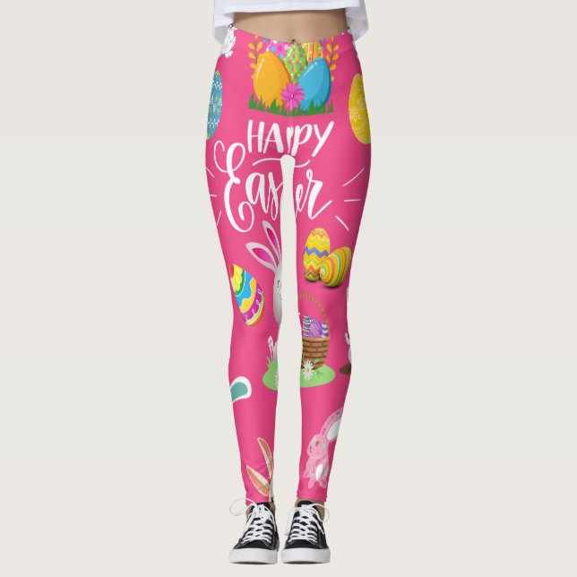 Happy Easter ,Funny Bunny Wishes And Colourful Egg Leggings (Front)