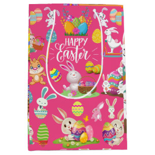 Happy Easter ,Funny Bunny Wishes And Colourful Egg Medium Gift Bag