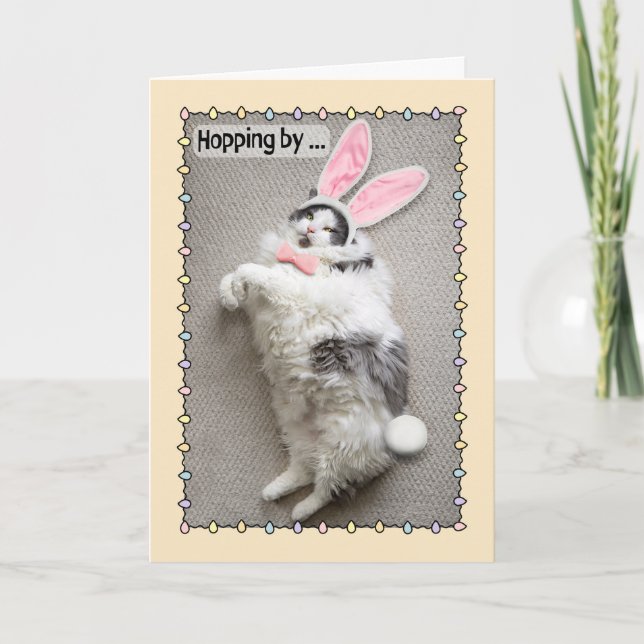 Happy Easter Funny Fat Cat in Bunny Ears Holiday Card (Front)