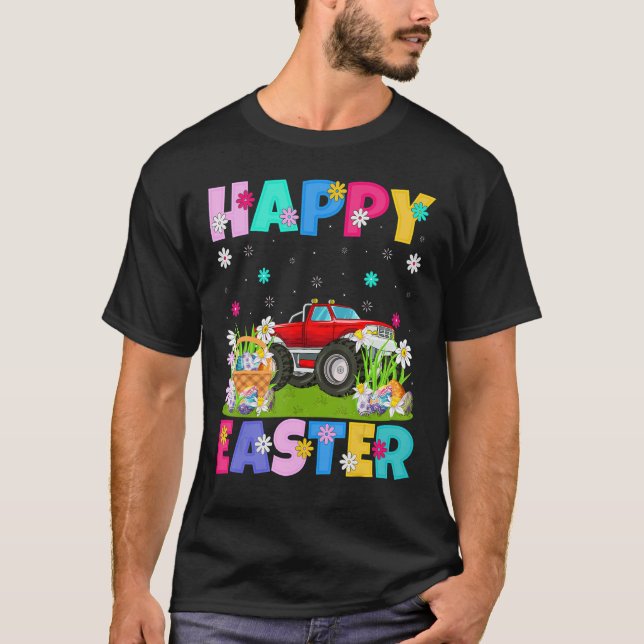 Happy Easter Funny Floral Monster Truck Easter Sun T-Shirt (Front)
