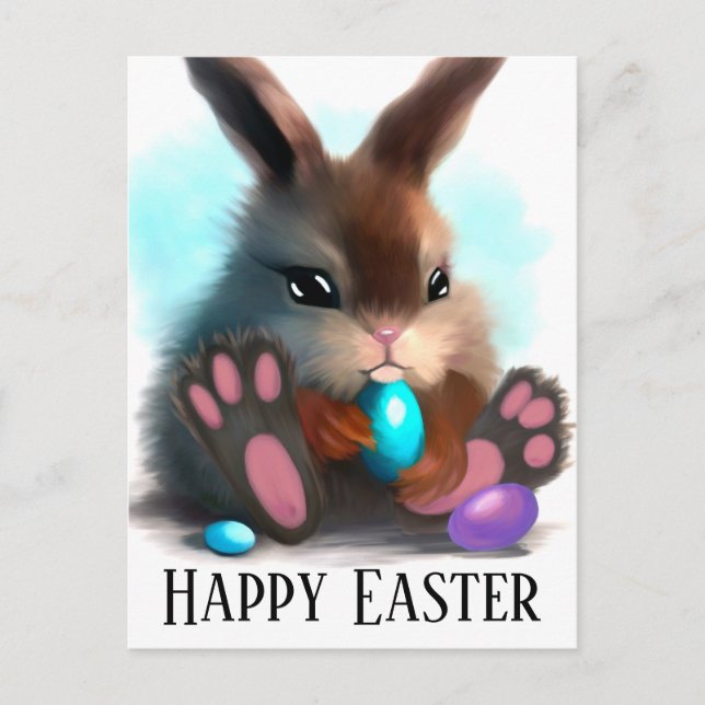 Happy Easter Furry Bunny and Eggs Postcard (Front)