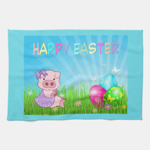 Happy Easter Girl Piggy Tea Towel
