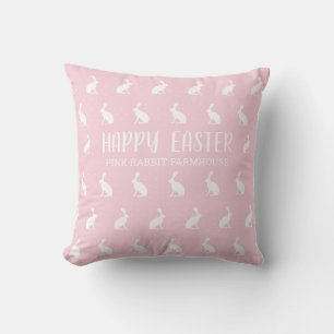 Happy Easter. Girly Pink Rabbit Farmhouse Pattern. Cushion
