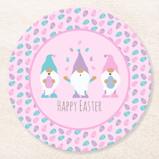 Happy Easter Gnome Juggling Easter Eggs Round Paper Coaster (Front)