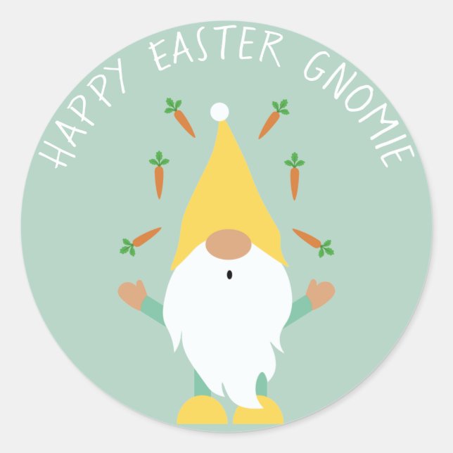 Happy Easter Gnomie Juggling Carrots Classic Round Sticker (Front)