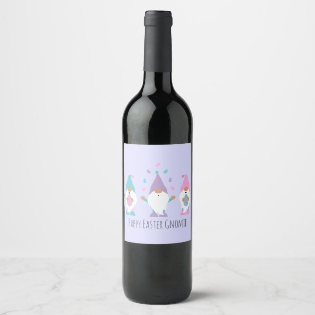 Happy Easter Gnomie Juggling Easter Eggs Wine Label (Front)