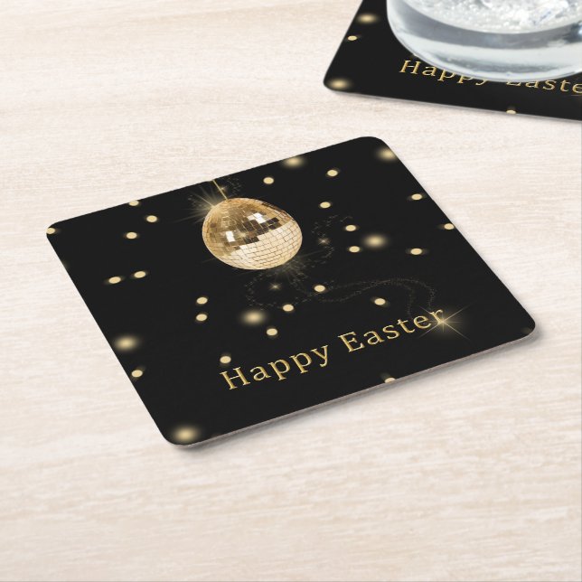Happy Easter Gold Disco Ball Square Paper Coaster (Angled)