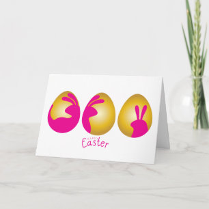 Happy Easter! Gold Eggs, Pink Bunny Rabbit Card
