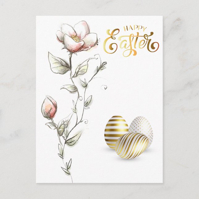 Happy Easter Gold Eggs Roses Postcard (Front)
