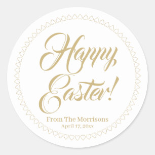 Happy Easter gold hearts border custom script cute Classic Round Sticker