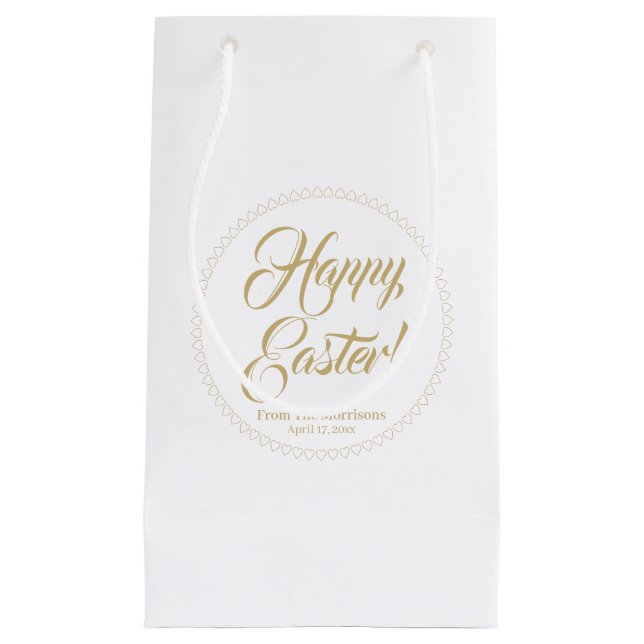 Happy Easter gold hearts border custom script cute Small Gift Bag (Front)