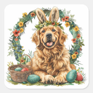 Happy Easter Golden Retriever Dog Bunny Ears Square Sticker