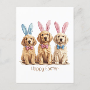 Happy Easter Golden Retriever Dogs Bunny Ears Holiday Postcard