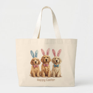 Happy Easter Golden Retriever Dogs Bunny Ears Large Tote Bag