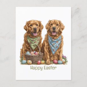 Happy Easter Golden Retriever Dogs Easter Basket Holiday Postcard