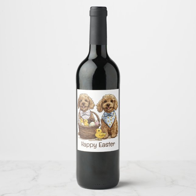 Happy Easter Goldendoodle Dogs Easter Basket Wine Label (Front)