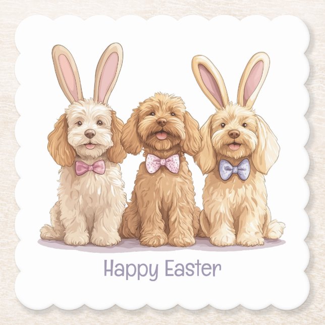 Happy Easter Goldendoodle Dogs Paper Coaster (Front)