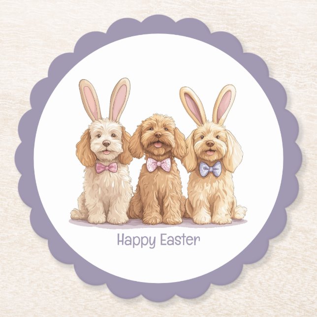 Happy Easter Goldendoodle Dogs Paper Coaster (Front)