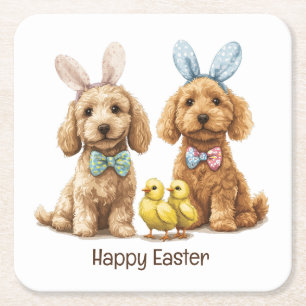 Happy Easter Goldendoodle Dogs Square Paper Coaster