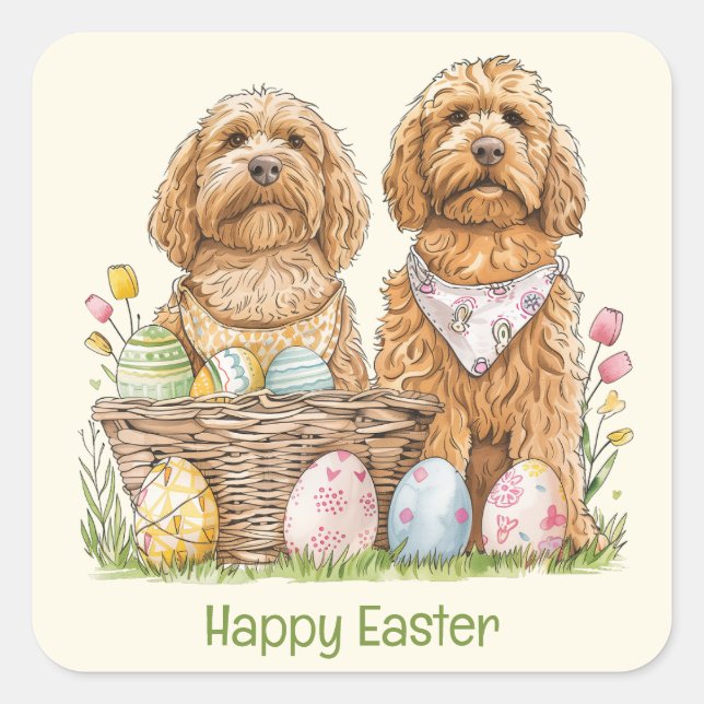 Happy Easter Goldendoodle Dogs Square Sticker (Front)