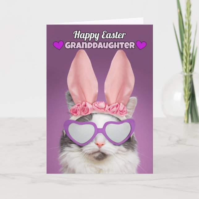 Happy Easter Granddaughter Cat in Bunny Ears Humou Holiday Card (Front)