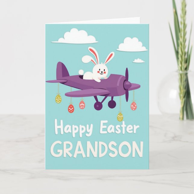 Happy Easter Grandson Fun Plane Card (Front)