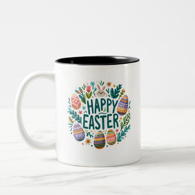 Happy Easter Graphic Art Two-Tone Coffee Mug (Left)