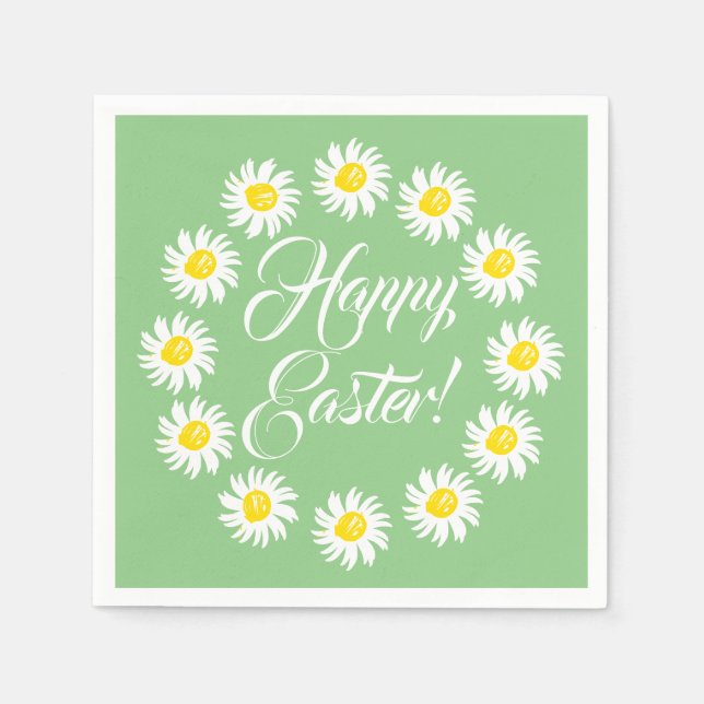 Happy Easter green script cute daisy cheerful  Napkin (Front)