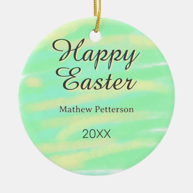 Happy Easter green yellow pastel gray name year  Ceramic Ornament (Front)