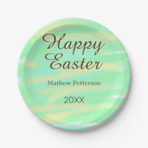 Happy Easter green yellow pastel gray name year  Paper Plate