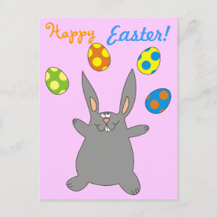 Happy Easter Grey Bunny Juggling Easter Eggs Holiday Postcard