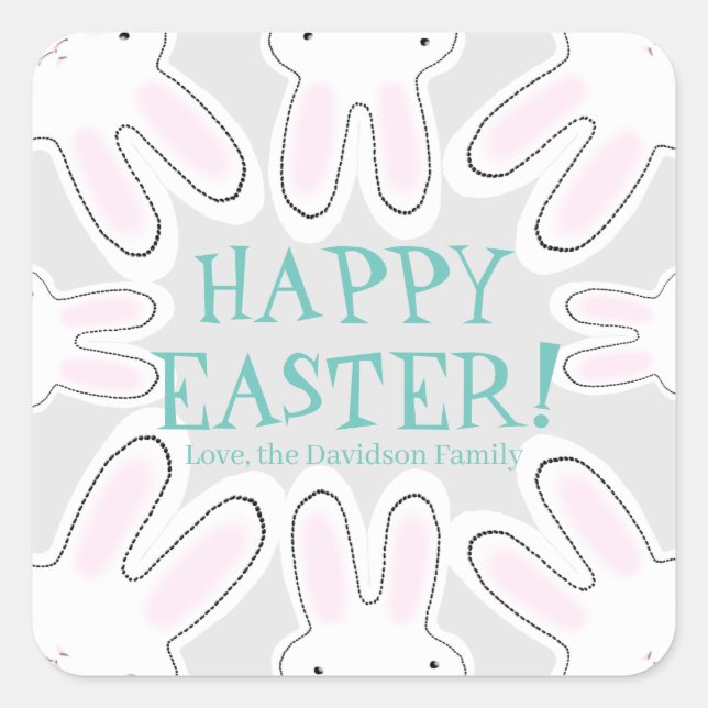 Happy Easter grey pastel custom text cute bunnies Square Sticker (Front)