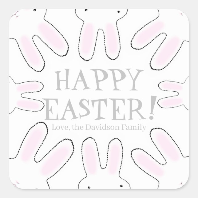 Happy Easter grey white custom text cute bunnies Square Sticker (Front)