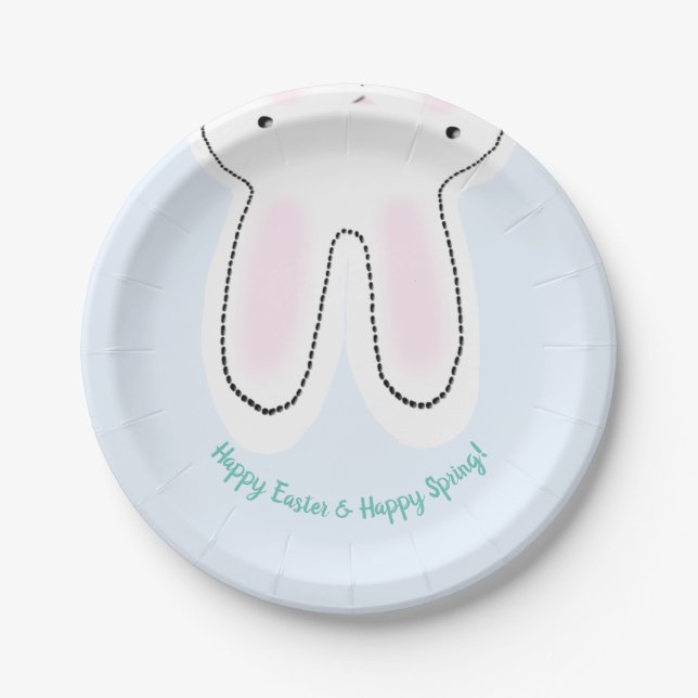 Happy Easter Happy Spring cute blue Bunny funny  Paper Plate (Front)