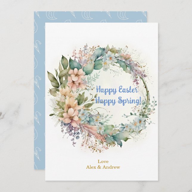 Happy Easter Happy Spring Sky Blue Floral Wreath Holiday Card (Front/Back)