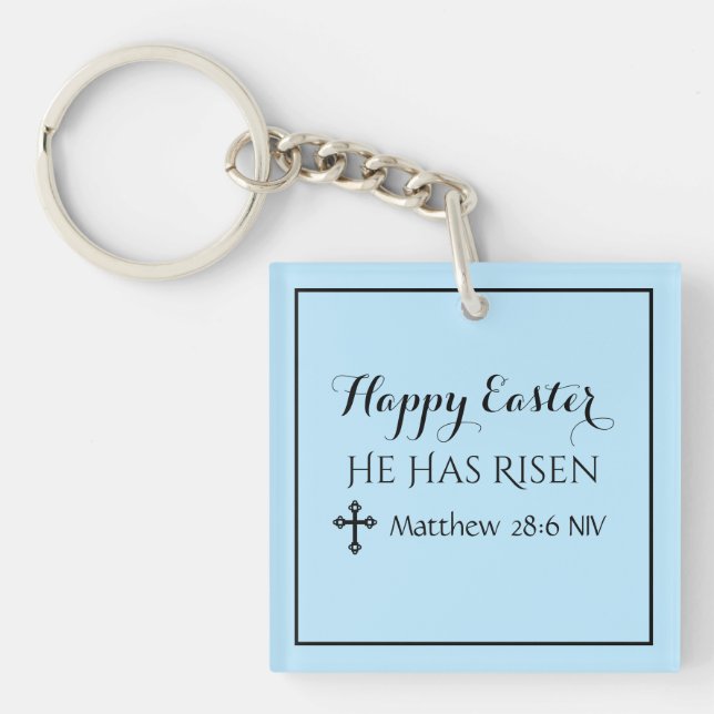 Happy Easter He Has Risen Bible Verse Light Blue Key Ring (Front)