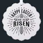 Happy Easter He is risen cross Tree Decoration Card<br><div class="desc">Happy Easter He is risen paper ornament. Retro vintage cross aesthetic home decor and gift decoration. Bible verse quotes for christian faith faithful god Jesus religious gift.</div>