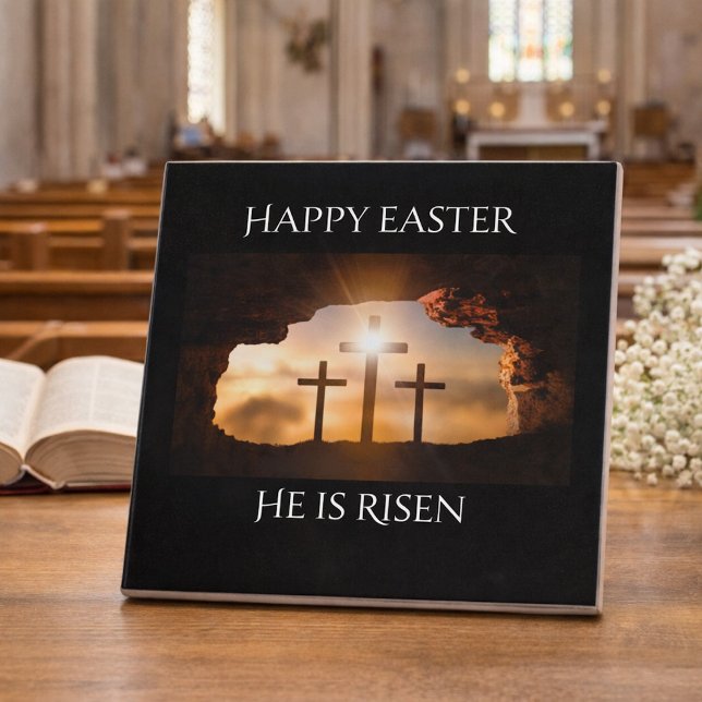 Happy Easter He is Risen Three Crosses Holiday  Ceramic Tile (Creator Uploaded)